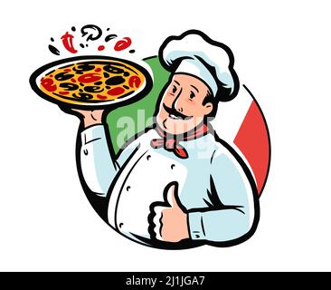 Divertente illustrazione cartoon chef italiano che tiene pizza deliziosa. Ristorante, pizzeria emblema illustrazione vettoriale Illustrazione Vettoriale