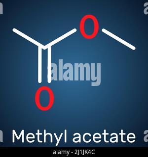 Metilacetato, molecola di metiletanoato. Si tratta di acetato estere, solvente. Formula chimica strutturale su sfondo blu scuro. Illustrazione vettoriale Illustrazione Vettoriale