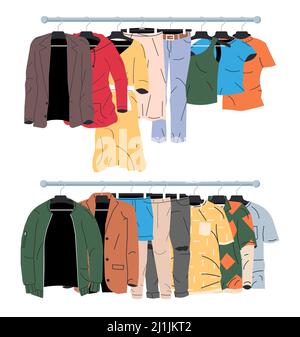 Abbigliamento uomo e donna su Hanger. Illustrazione Vettoriale