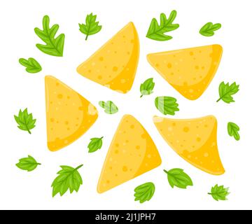 Nachos messicani, tortilla di mais chips. Illustrazione del vettore Cartoon isolato su sfondo bianco. Illustrazione Vettoriale