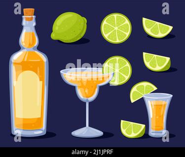 Bottiglia di tequila, shot, bicchiere con tequila e lime. Bevanda alcolica tradizionale messicana. Illustrazione vettoriale in stile cartoon. Lime intero, affettare, tagliare. Illustrazione Vettoriale