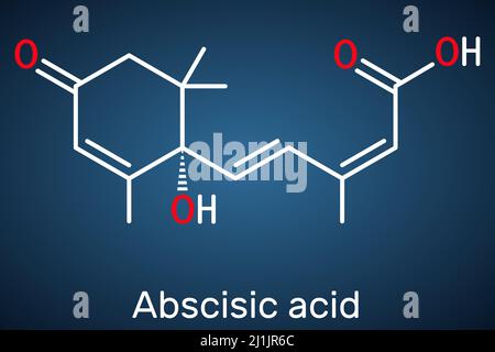 Acido ascisse, molecola ABA. È dormin, ormone vegetale. Formula strutturale su sfondo blu scuro. Illustrazione vettoriale Illustrazione Vettoriale