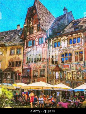 Pittura colorata opere d'arte moderna, disegno in olio europeo famosa strada vista, bella vecchia casa d'epoca, pennellate, disegno stampa Foto Stock