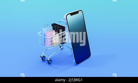 Borse, carrello e smartphone su sfondo blu per lo shopping online concept design. E-commerce design. 3d rendering per pubblicità de Foto Stock