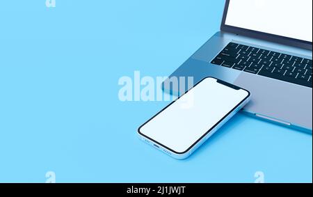 Computer, notebook, tablet, smartphone, visualizzazione su sfondo blu. Online Store ecommerce Workspace mock up design 3D rendering. Foto Stock