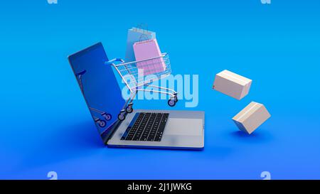 Computer portatile con piccolo carrello e borse per la spesa isolati su sfondo blu. Il business tradizionale si trasforma in business online. E-commerce. 3d Foto Stock