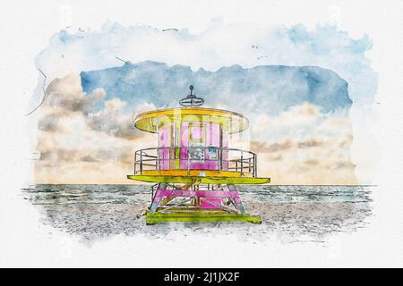 Illustrazione di pittura di acquerello della torre di bagnino in South Beach a Fort Lauderdale Florida, Stati Uniti Foto Stock