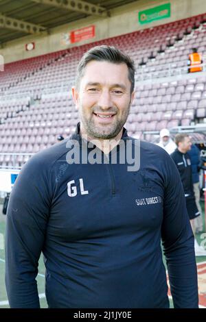 Northampton, Regno Unito. MAR 26th il manager di Hartlepool United Graeme Lee prima della partita della Sky Bet League 2 tra Northampton Town e Hartlepool si unì al PTS Academy Stadium di Northampton sabato 26th marzo 2022. (Credit: John Cripps | MI News) Credit: MI News & Sport /Alamy Live News Foto Stock