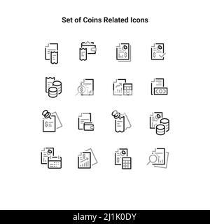 Set semplice di icone della linea vettoriale relative al rapporto finanziario. Contiene tale audit, elenco ricevute, documento spese e altro ancora. Illustrazione Vettoriale