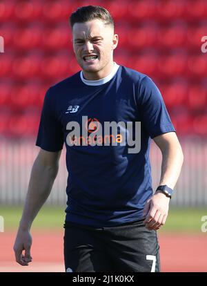 GATESHEAD, REGNO UNITO. MAR 26th Macaulay Langstaff di Gateshead durante la partita della Vanarama National League North tra Gateshead e Bradford Park Avenue al Gateshead International Stadium di Gateshead sabato 26th marzo 2022. (Credit: Michael driver | MI News) Credit: MI News & Sport /Alamy Live News Foto Stock