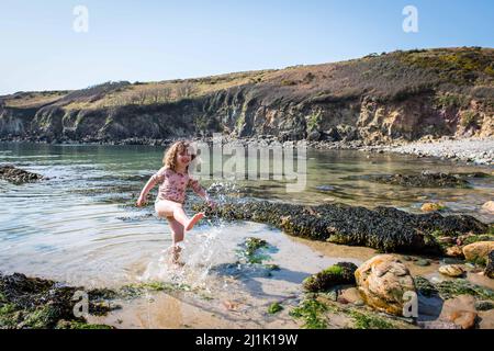 Lillian Joy, quattro anni, si tuffa in mare a Porthlysgi Bay, vicino a St Davids a Pembrokeshire, il giorno più caldo dell'anno, mentre la gente gode del bel tempo primaverile in tutto il Regno Unito. Foto Stock