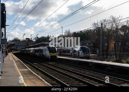 Ipswich Suffolk UK Febbraio 25 2022: Treno Greater Anglia alla stazione ferroviaria di Ipswich, Suffolk. Questa e' la linea principale diretta a London Liverpool Street Foto Stock