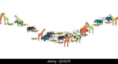 Animali africani o zoo. Modello senza cuciture di elefante, rinoceronte, coccodrillo, ippopotamo, giraffa su bianco. Illustrazione vettoriale disegnata a mano per la stampa della biancheria da letto Illustrazione Vettoriale