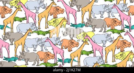 Animali africani o zoo. Modello senza cuciture di elefante, rinoceronte, coccodrillo, ippopotamo, giraffa su bianco. Illustrazione vettoriale disegnata a mano per la stampa della biancheria da letto Illustrazione Vettoriale