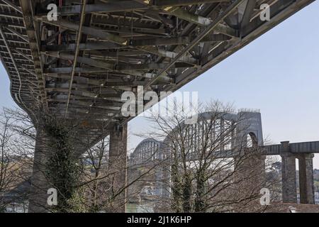 Lo storico Royal Albert Bridge, noto anche come Saltash Bridge, è un ponte ferroviario storico a binario singolo che collega Devon e Cornovaglia. Visto da sotto il Tam Foto Stock