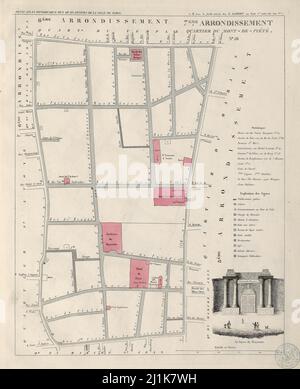 Mappa d'epoca dei quartieri parigini del 19th secolo. Petit atlas è splendidamente colorato e illustrato mostrando la Parigi al momento. Foto Stock