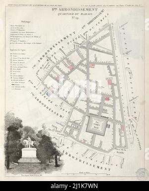 Mappa d'epoca dei quartieri parigini del 19th secolo. Petit atlas è splendidamente colorato e illustrato mostrando la Parigi al momento. Foto Stock