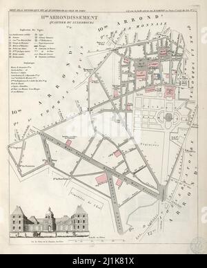 Mappa d'epoca dei quartieri parigini del 19th secolo. Petit atlas è splendidamente colorato e illustrato mostrando la Parigi al momento. Foto Stock