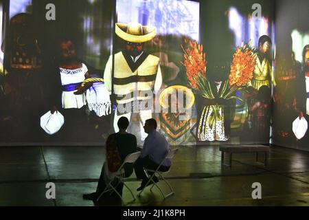 Pittsburgh, Stati Uniti. 26th Mar 2022. Gli ospiti guardano l'immersiva mostra Frida Kahlo durante il suo evento VIP di apertura a Pittsburgh venerdì 25 marzo 2022. L'esperienza a 360 gradi condivide lo spazio espositivo con l'originale e coinvolgente esposizione Van Gogh, aperta alla fine del 2021. Foto di Archie Carpenter/UPI Credit: UPI/Alamy Live News Foto Stock