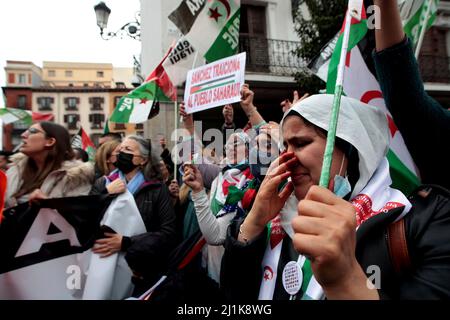 Madrid, Spagna. 26th Mar 2022. Davanti al Ministero degli Affari Esteri di Madrid si sono manifestate 2000 persone per il turno del governo nella posizione relativa al Sahara occidentale, tra centinaia di bandiere della Repubblica democratica araba del Sahara. A causa di quel presidente del governo Pedro Sánchez ha inviato al re marocchino Mohamed VI una lettera in cui il presidente spagnolo afferma che il piano di autonomia proposto dal Marocco è il più “serio, realistico e credible. Questa posizione ha suscitato critiche in Spagna, in quanto si rompe con la sua tradizionale neutralità sul territorio. Credit: dpa picture all Foto Stock