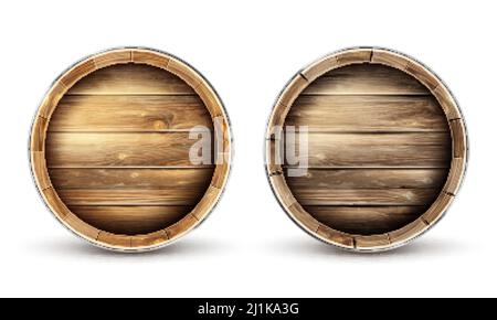 Botti di legno per vino, birra o whisky vista dall'alto. Botte realistica in legno di quercia, fusto per rum o cognac isolato su fondo bianco. Contatto rullo Illustrazione Vettoriale