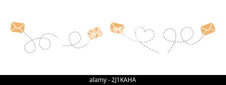 Inviluppo con linea tratteggiata. Gruppo di flying mails. Invio raccolta lineare messaggi in corso. Vettore isolato su bianco Illustrazione Vettoriale
