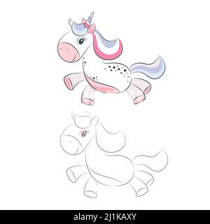 Vettore disegno a mano di cavallo unicorno volante con capelli arcobaleno isolato su sfondo bianco Illustrazione Vettoriale