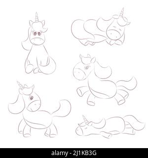 Set simpatico unicorno. Pagina colori bambini. Illustrazione vettoriale disegnata a mano. Illustrazione Vettoriale