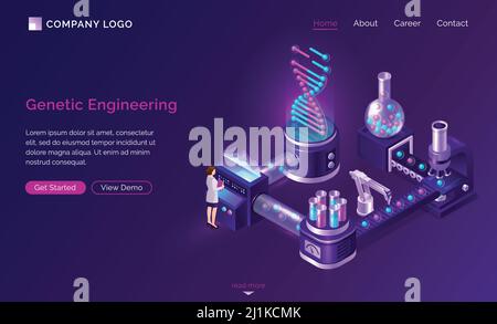 Landing page isometrica di ingegneria genetica, scienziata in tombino bianco con stativo a piegatrice vicino al nastro trasportatore con fiasca, microscopio e braccio robotico Illustrazione Vettoriale