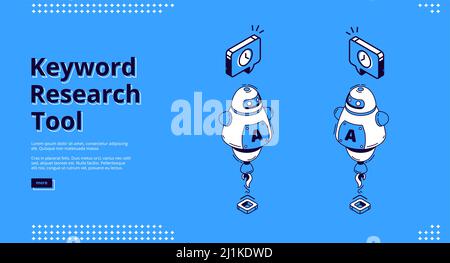 Pagina di destinazione isometrica dello strumento di ricerca per parole chiave. Robot ai con motore a razzo e icone orologio. Ottimizzazione SEO, servizio di analisi, intelligenc artificiale Illustrazione Vettoriale