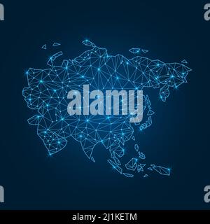 Mappa Asia con forme poligonali incandescenti. Mappa del mondo continente lineare con punti luce. Illustrazione Vettoriale