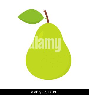 Pera verde. Dolce pera piatta carina con foglia. Vettore isolato su bianco. Illustrazione Vettoriale