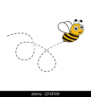 Volo di un'ape carina con percorso punteggiato. Illustrazione vettoriale isolata su bianco. Illustrazione Vettoriale