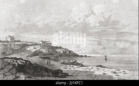 Colonia di Port Louis all'isola di Soledad, Isole Falkland. Incisione in acciaio del 19th secolo di Gaucherel e Lemaitre direcute. Foto Stock