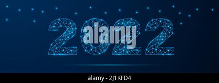 Banner felice anno nuovo 2022. Biglietto d'auguri con elementi poligonali bassi e luminosi. Illustrazione Vettoriale