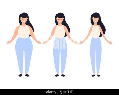 Tre tipi di donne figura grasso, sottile e sottile. Processo di trasformazione insieme del corpo delle ragazze differenti. Illustrazione Vettoriale