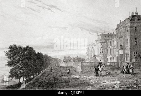 Il Castello di Biebrich (Bieberich), la residenza dei Duchi di Nassau. Wiesbaden, Assia, Germania. Incisione in acciaio del 19th secolo di Lemaitre direxit. Foto Stock