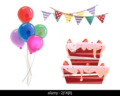 Festa di compleanno con palloncini, torta di velluto rosso e pennants. Clip vettoriale art. Illustrazione Vettoriale