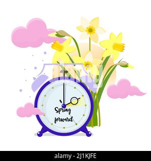 Concetto di ora legale. Gli orologi si muovono in avanti. Narcisi e sole vicino all'orologio. Modifica dell'orologio a molla. Illustrazione vettoriale. Illustrazione Vettoriale