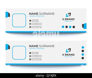 Firma e-mail aziendale, moderna e professionale. Piè di pagina e-mail. Design della copertina dei social media personali. Illustrazioni vettoriali. Nero e blu. Illustrazione Vettoriale