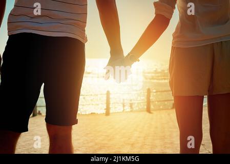 Alla fine della giornata l'amore conta di più. Foto retrostanti di una coppia che tiene le mani e guarda il tramonto sulla costa durante l'estate. Foto Stock