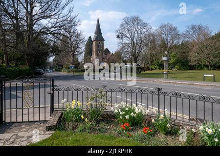 St Lukes Church nel villaggio di Greyshott, Hampshire, Inghilterra, Regno Unito, vista dal giardino commemorativo della guerra con fiori primaverili Foto Stock