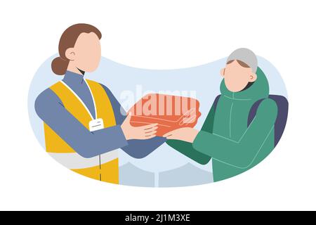Volontario femminile che aiuta i rifugiati, distribuisce coperte calde, lavora nelle strutture per i rifugiati, giovane donna che fa lavoro di carità, illustrazione vettoriale Illustrazione Vettoriale