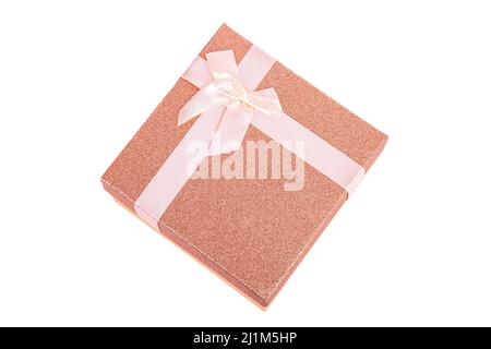 Confezione regalo color pesca su sfondo bianco Foto Stock