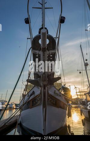 Primo piano della parte anteriore di una barca a vela ormeggiata al porto all'alba Foto Stock