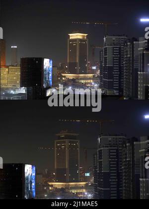 Cairo, Egitto. 26th Mar 2022. La foto combinata mostra il Ministero Egizio degli Affari Esteri edificio (C) prima (top) e durante l'ora della Terra al Cairo, Egitto, il 26 marzo 2022. L'Egitto ha segnato l'annuale Earth Hour globale il Sabato sera spegnendo le luci di un certo numero di monumenti attraverso il paese per 60 minuti, tra cui la Cittadella di Saladin nella capitale Cairo. Credit: Nantong/Nantong/Nantong Live News Foto Stock