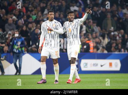 Sebastien Haller, Ibrahim Sangare della Costa d'Avorio durante la partita di calcio internazionale amichevole tra Francia e Costa d'Avorio il 25 marzo 2022 allo Stade Velodrome di Marsiglia, Francia - Foto Jean Catuffe / DPPI Foto Stock