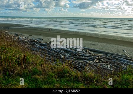 Beachcombers passeggia lungo la spiaggia di sabbia di Kalaloch, sulla penisola olimpica di Washington, USA Foto Stock