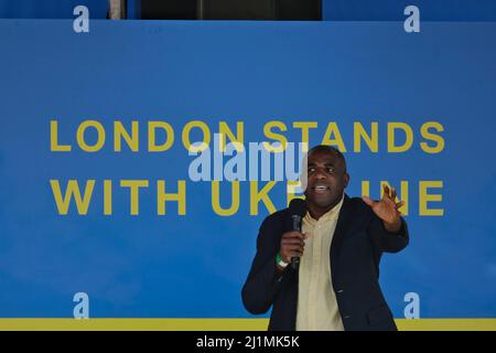 London, UK, 26th Mar, 2022. Il deputato David Lammy si rivolge alla folla in un raduno di pace in Ucraina. Migliaia di persone si sono radunate per dimostrare solidarietà all'Ucraina in un evento che si svolge nel centro di Londra, organizzato dal movimento europeo e sostenuto dal Sindaco di Londra. Un mese dopo l'invasione russa il presidente ucraino Volodymyr Zelenskyy ha sollecitato le proteste globali per portare la guerra alla fine. Credit: Undicesima ora Fotografia/Alamy Live News Foto Stock