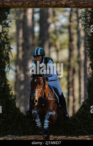 Raeford, Carolina del Nord, Stati Uniti. 26th Mar 2022. DANIEL CLASING of the United States Riding MW Gangster's Game compete in CCI3* cross country al Carolina International CCI and Horse Trial, 26 marzo 2022 al Carolina Horse Park di Raeford, North Carolina. Il Carolina International CCI and Horse Trial è uno dei principali concorsi di eventi del Nord America per le combinazioni di eventi nazionali e internazionali, che ospita da CCI1*-S a CCI4*-S livelli e National Levels of Training through Advanced. (Credit Image: © Timothy L. Hale/ZUMA Press Wire) Foto Stock